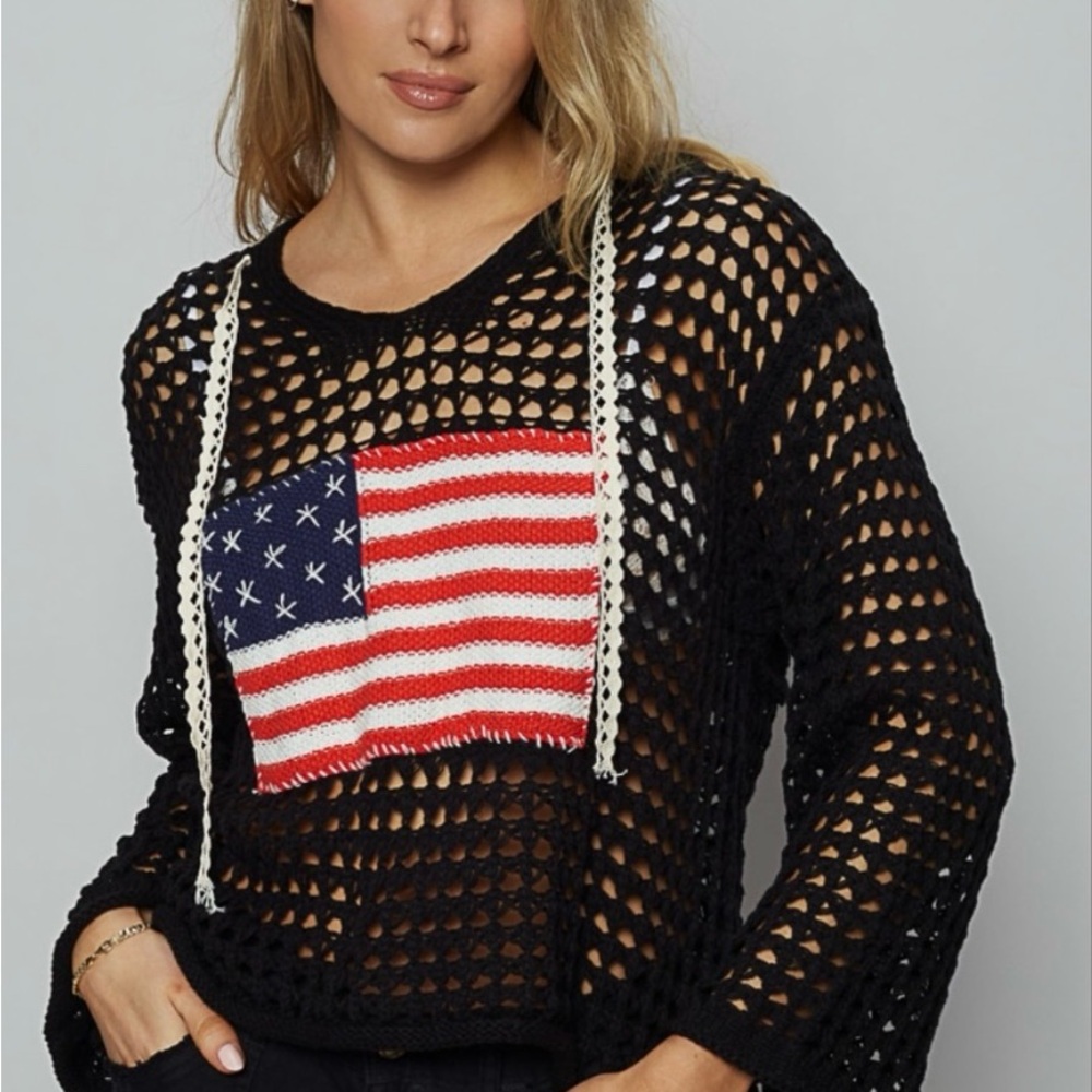 Black Crochet Sweater with American Flag